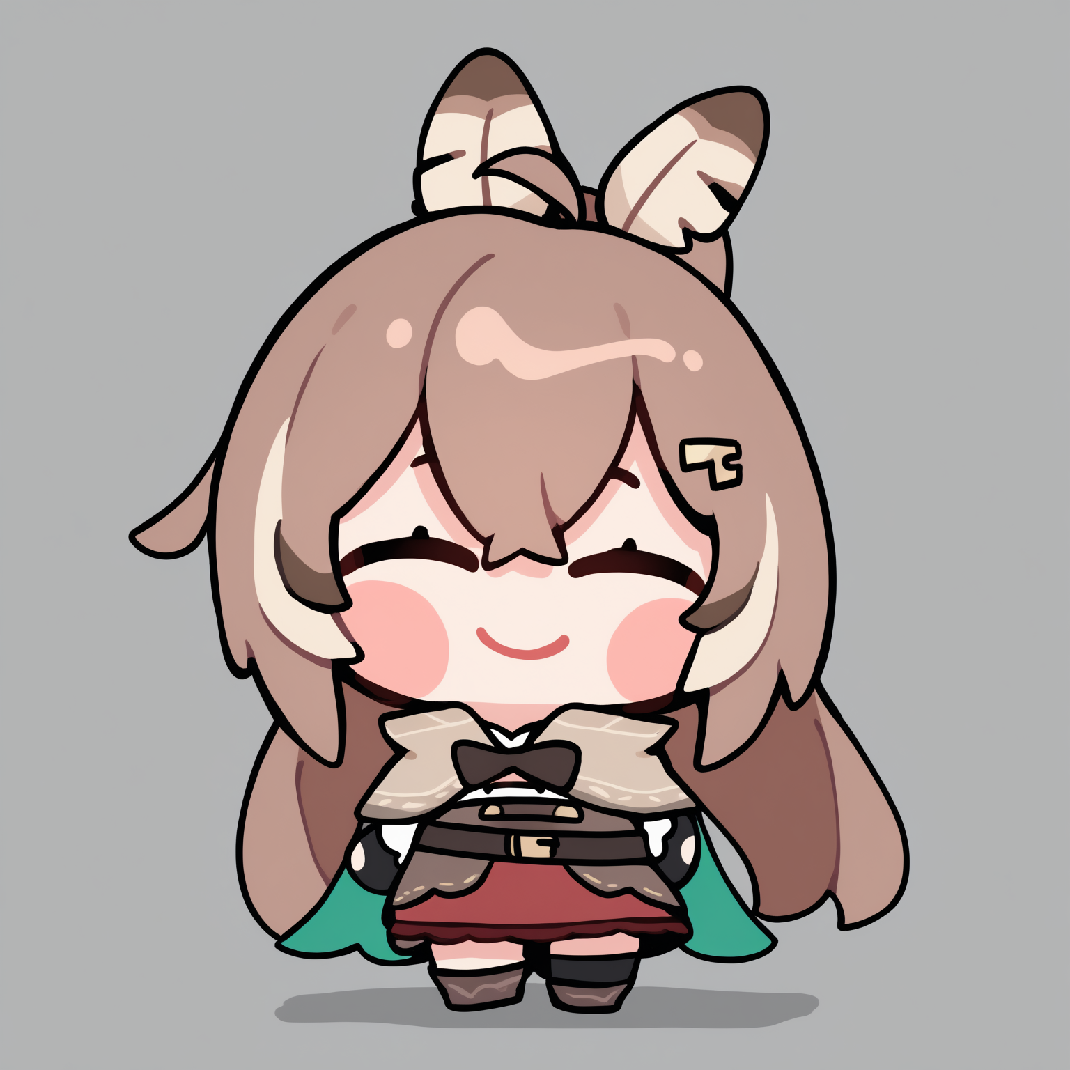 masterpiece, best quality, newest, chibi, full body, blush stickers, closed eyes, solo, 1girl, N4nashiDef, smile, standing, ^ ^, brown hair, long hair, streaked sidelocks, ahoge, ponytail, feather hair tie, hairclip, brown capelet, brown bowtie, two-sided cape, green cape, white shirt, high collar, cleavage cutout, brown corset, partially fingerless gloves, black gloves, brown belt, belt pouch, sheathed, red skirt, uneven legwear, black thighhigh, black kneehigh, ankle boots, simple background
<segment:yolo-Anzhc Face seg 640 v3 y11n.pt,0.4,0.6//cid=11>