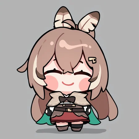 masterpiece, best quality, newest, chibi, full body, blush stickers, closed eyes, solo, 1girl, N4nashiDef, smile, standing, ^ ^, brown hair, long hair, streaked sidelocks, ahoge, ponytail, feather hair tie, hairclip, brown capelet, brown bowtie, two-sided cape, green cape, white shirt, high collar, cleavage cutout, brown corset, partially fingerless gloves, black gloves, brown belt, belt pouch, sheathed, red skirt, uneven legwear, black thighhigh, black kneehigh, ankle boots, simple background
<segment:yolo-Anzhc Face seg 640 v3 y11n.pt,0.4,0.6//cid=11>