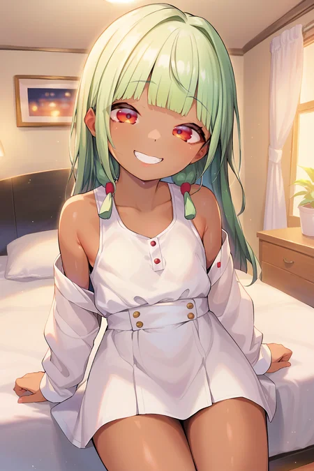 (score_9, score_8_up, score_7_up, score_6_up), source anime, BREAK, (dark skin), cute, 1girl, long hair, red eyes, bangs, green hair, sidelocks, blunt bangs, bare shoulders, thick thighs, looking at viewer, interior, bedroom, (night), wide hips, sexy, white shirt, <lora:StS_detail_slider_v1PonyXL:3>, demure, <lora:Henreader:0.95> , Henreader, warrior, smile,