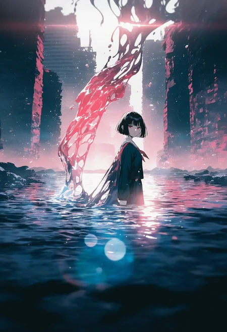 masterpiece, best quality, newest, very awa, limited palette, anime screencap, official art, depth of field, outdoors, lens flare, liquid, abstract, surreal, 1girl, solo, black hair, red eyes, short hair, bob cut, bangs, abstract, school uniform, upper body, looking at viewer, expressionless, limited palette, dynamic angle, hands in water, Ruined city, ruins, cityscape