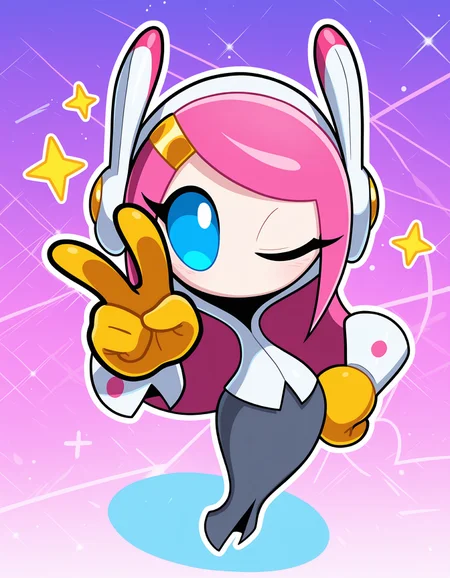 masterpiece, best quality, amazing quality, very detailed, newest, no humans, solo, WnKrbSs, pink hair, blue eyes, colored sclera, pale skin, floating hands, floating head, white shirt, headband, hood, gray skirt, yellow gloves, looking at viewer, full body, abstract background sparkles, stars, one eye closed, v, looking at viewer, hand on hip, pink motif, dynamic pose, shiny, ((perspective)), white outline, ((foreshortening, hand focus, gesture focus)), <lora:ba1328b4-66eb-4282-9436-0028ccf88215:0.9>