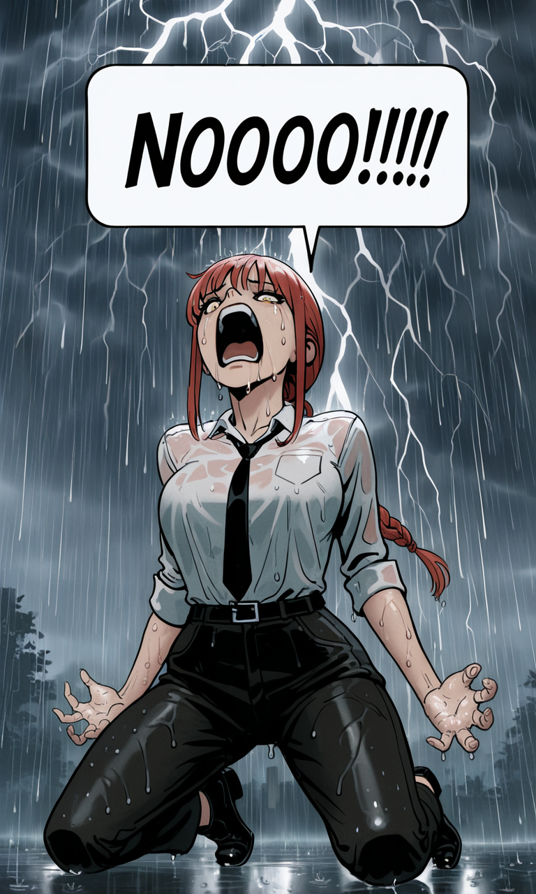 embedding:IllusP0s, f3rn4nd0, speech bubble, NOOO!!!, screaming, kneeling, makima, white shirt, black tie, 1girl, solo, contrast lighting, outdoors, arms by side, thunderstorm, raining,<lora:NOOO_illustrious.safetensors:1.0:1.0> <lora:Style_soph-Fernando-ILXL.safetensors:1:1>