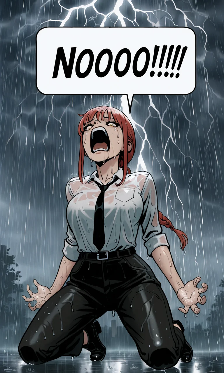 embedding:IllusP0s, f3rn4nd0, speech bubble, NOOO!!!, screaming, kneeling, makima, white shirt, black tie, 1girl, solo, contrast lighting, outdoors, arms by side, thunderstorm, raining,<lora:NOOO_illustrious.safetensors:1.0:1.0> <lora:Style_soph-Fernando-ILXL.safetensors:1:1>