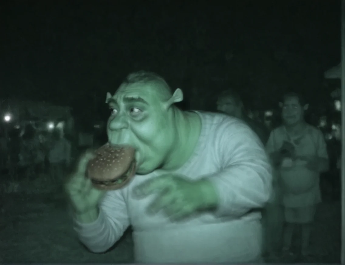 score_9, score_8_up, score_7_up, shrek eating a hamburger, closeup, cctv, night, overexposure,dark,motion blur,blurry background,grayscale,low quality,photo <lora:CCTV:0.8>  <lora:Shrek_XLPD:0.9>