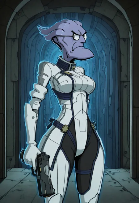 Masterpiece, best quality, absurdres, high detail, 1boy, solo, cartoon,  Eustace, Bagge, (sharp chin, pointy chin:1.2), glasses, grumpy expression, detailed face, dark blue skin, medium breasts, white and blue armor, bodysuit, colored skin, holding a pistol, futuristic spaceship background, detailed background, pistol