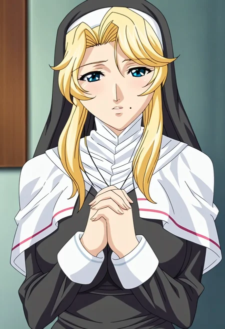 score_9, score_8_up, score_7_up, source_anime, rating_explicit, uncensored, intricate details, game cg BREAK 1girl, blonde hair, long hair, blue eyes, mole under mouth, large breasts, nun, habit, looking at viewer, cowboy shot, indoor, hands together