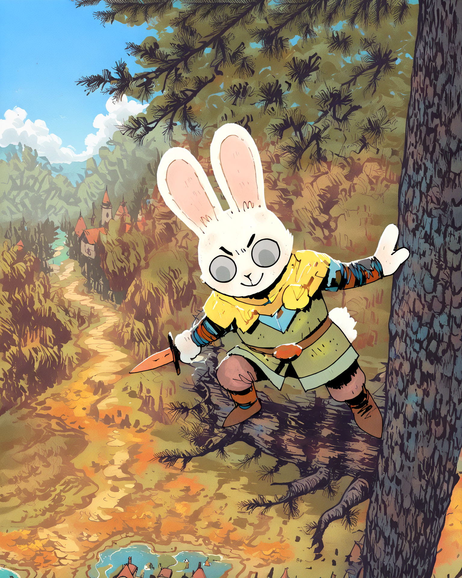 furry, 1boy, solo, male, furry male, rabbit boy, rabbit, tail, rabbit tail, rabbit ears, long ears, big ears, ear tufts, animal ear fluff, white fur, solid circle eyes, no pupils, grey eyes, (smile:1.1), v-shaped eyebrows, half-closed eyes, animal hands, green tunic, brown pants, looking down, knee up, holding dagger, dagger, fighting stance, battle pose, kneeling, (on tree:1.1), hand on tree, leaning on tree, (from above,:1.1), high up, best quality, amazing quality, very aesthetic, absurdres, newest, depth of field, separate focus, dynamic pose, dynamic angle, dynamic composition, masterpiece, highres, 4k, intricate details, detailed body, detailed clothes, shadow, outdoors, tree, stone path, town, blue sky, clouds, detailed background, ROOT, <lora:ROOT:0.9>, <lora:add-detail-xl:0.5>,<lora:Expressive_H:0.2>, <lora:spo_sdxl_10ep_4k-data_lora_webui:0.2>, <lora:sdxlVAE_sdxlVAE:0.1>, <lora:noobai_ep11_stabilizer_v0.138_fp16:0.3>, <lora:noobaiXLNAIXL_epsilonPred11Version-lora:0.1>, <lora:Smooth_Booster_v2:0.5>, <lora:se_v1_epic_style:0.3>
