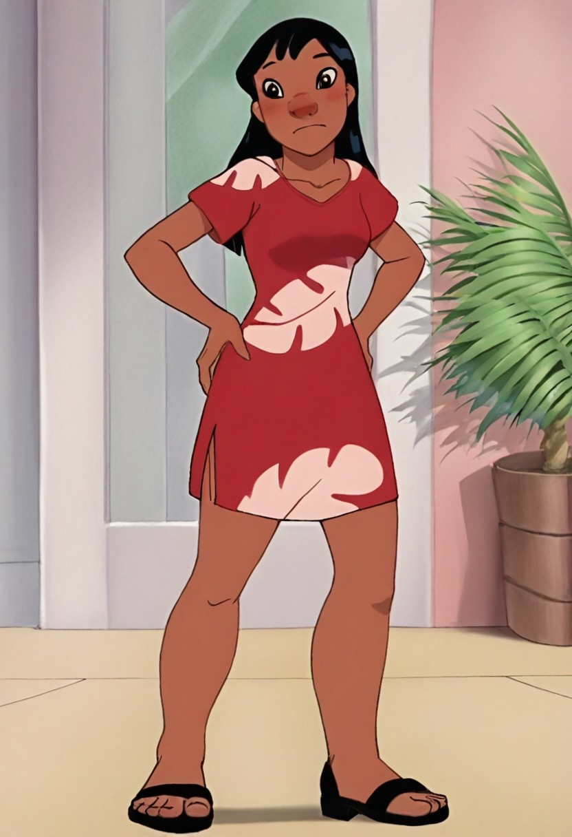 score_9, score_8_up, score_7_up 
   , masterpiece, beautiful,,Alilo,dark skin,brown eyes,black hair, long hair,bangs, big nose,short sleeves,short red dress, black sandal,