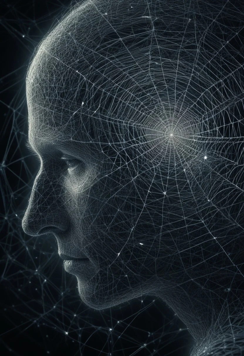 A striking, thought-provoking image features a dramatic close-up scene that invites introspection and contemplation. The subject is not immediately apparent but gradually reveals itself as an intricate web of connections, symbols, or patterns that demand the viewer's attention. With expert use of composition, lighting, and detail, this powerful digital illustration challenges the audience to decipher its meaning, sparking conversation, debate, and self-reflection on a deeper level.