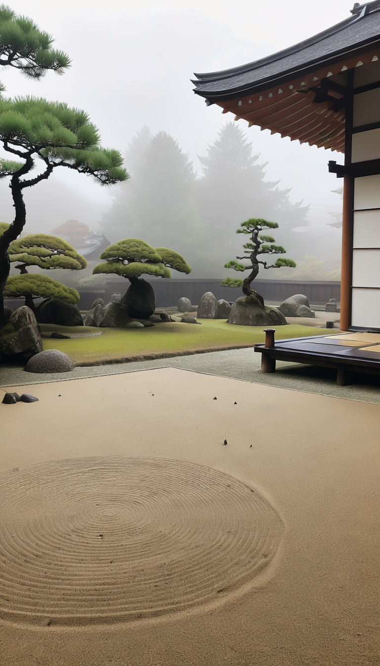 <lora:Everly_Heights_Backgrounds_New_Settings:.5> A serene misty Zen garden in medieval Japan with perfectly raked sand.