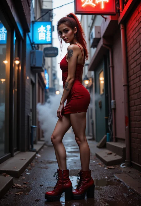 the setting is a post apocalypse city street, neon japanese signage, sky scrapers in background, side view, head turned to look at viewer, steam and smoke rise from a drain, standing at the entrance to an alleyway with a blue neon sign above the entrance, full length with entire body in the frame,
18 year old, LiviaFerreira, pale skin woman, petite, delicate facial features, spanish, red wavy hair, long heavy dark eye lashes,
skinny, perfect arms, perfect hands, perfect face, symetrical face, very long hair in a pony tail, solo, gothic style makeup, ear rings, studded nose, tattoos on arms, tattoos on thighs, perfect pout, small chest, 1girl, full body, perfect proportions, perfect stomach, standing, perfect legs, thigh gap, small feet, thick thighs, chunky thighs,
pose, legs apart, view from the back, perfect ass, underbutt, wearing red goth skimpy top, red micro short skirt with studs and chains, studded fingerless leather wrist length gloves, red studded biker boots with platform rubber sole, her clothes should be outlined with red neon lighting and her face atmospherically lit with red lighting, her eyes should be a piercing green,