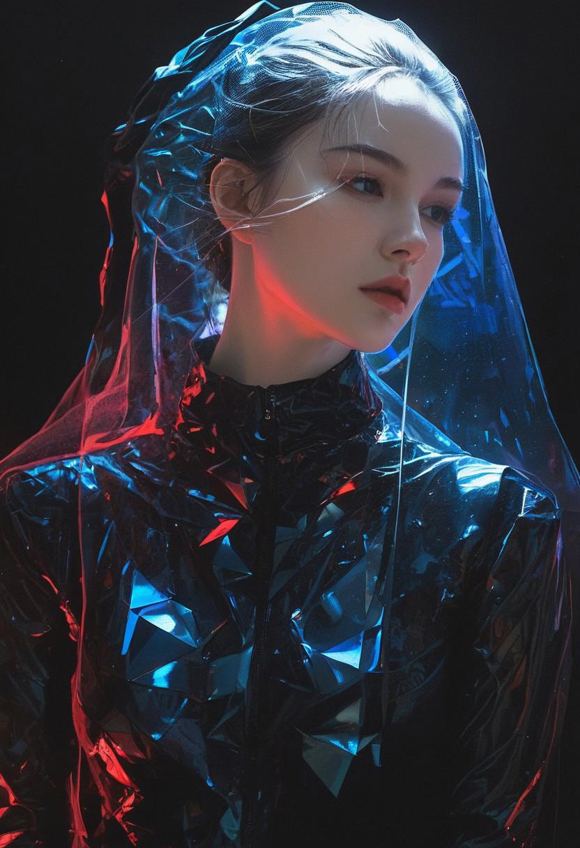 elegant haired abstract beauty, approaching perfection, dynamic, pitch black, highly detailed, dark, moody, low light, lowly lit, digital painting, artstation, concept art, smooth, sharp focus, illustration, art by Carne Griffiths and Wadim Kashin, black and red colors, good shadows, back lit, hidden, obscured, (pale skin:1.6), brushed eyebrows, busty, cleavage, (prisms:1.6), (prismatic:1.5), (ghostly thin veil:1.6), prismatic, reflections, cyberpunk, (black light clothes:1.6), monolith, mirrors, mirror, monolithic, obsidian, sun circle, other worldly, (different dimensions:1.7), (mysterious:1.5), (portrait:1.7), blue bra,