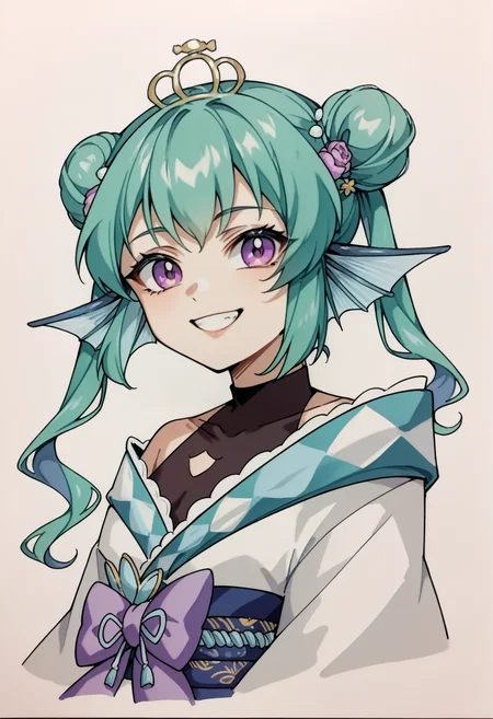 score_9, score_8_up, score_7_up, source_anime, 1girl, solo, finana2st, twintails, tiara, purple bow, hair flower, white kimono, obi, sash, black bodysuit, green skirt, white thighhighs, simple background,traditional art,lineart, smile, <lora:spfinanaRyuguXLPony:1>, <lora:Traditional_art_v4_USENEG:-0.9>