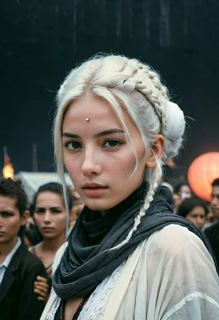 polaroid film photography, Describe the captivating Closeup scene captured in the photograph featuring a female Sci-fi Bedouin freckled blushed pureerosface_v1 time traveler with tousled white hairbun in the style of Final Fantasy, amidst a mesmerized audience. Provide details about the artist's attire, sci-fi clothes intricate design, and the expressions of the onlookers as they witness this extraordinary performance. Atmospheric haze