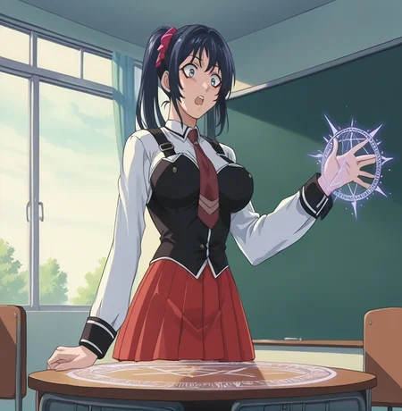 score_9, score_8_up, pretty girl . source_anime <lora:3ible_3lack:0.9> Bibl3 . in classroom . wearing school uniform , skirt good eyes. detailed . . large breast . . magic circle . female shocked