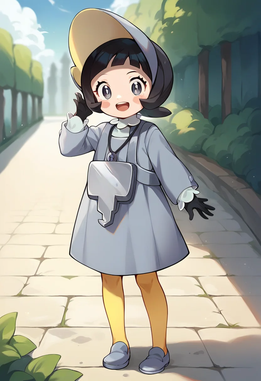 score_9, score_8_up, score_7_up, source_anime, masterpiece, 1girl, ctianpoppy,  grey dress, long sleeves, grey eyes, bonnet, yellow pantyhose, necklace, black gloves, blush stickers, looking at viewer, grey shoes, outdoors, open mouth, smile, <lora:r_Poppy ãã_pokemon_pony_ct:0.8>