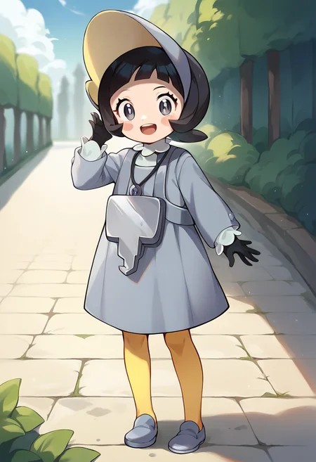 score_9, score_8_up, score_7_up, source_anime, masterpiece, 1girl, ctianpoppy, grey dress, long sleeves, grey eyes, bonnet, yellow pantyhose, necklace, black gloves, blush stickers, looking at viewer, grey shoes, outdoors, open mouth, smile, <lora:r_Poppy ãã_pokemon_pony_ct:0.8>