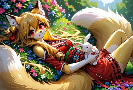 1girl, tail raised, furry female, fox tail, smile, long hair, hair bell, only furry, furry girl, animal ears, 1tail, fluffy tail, smile, red eyes, score_9, score_8_up, score_7_up, solo, (anthro), masterpiece, (fluttershy), detailed background, upright, seated, framed in flowers, circuitry in background, yellow hair, looking at viewer, many flowers in hair, holding rabbit, white rabbit, yellow body, (lying in flowers), butterfly, small breasts, joyful, light smile,