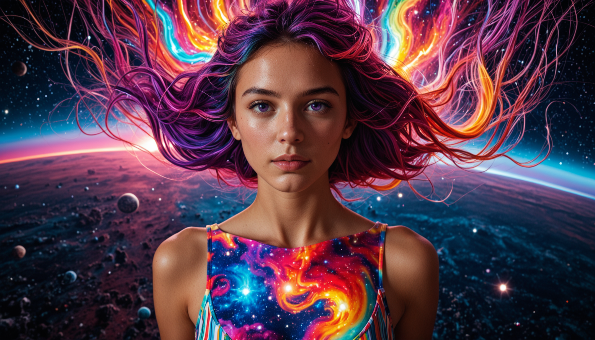 masterpiece, best quality, amazing quality, very aesthetic, high resolution, ultra-detailed, absurdres, scenery, realistic, photo, 1girl, solo, (long glowing cosmic hair:1.2), glowing cosmic purple eyes, cleavage, psychedelic goddess, rainbow lighting, (colorful,chaos,psychedelic, double exposure:1.2), multiple planets, fantasy galaxy, nebula, supernova, looking at viewer, floating in space, upper body, dutch angle, floating hair, rim light, back light, face focus, solo focus, BREAK, depth of field, photorealistic details