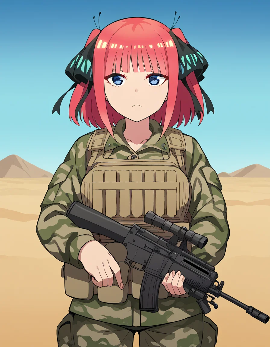 score_9, score_8_up, score_7_up, source_anime, <lora:nnakano-s2-ponyxl-lora-nochekaiser:1>, short hair, bangs, blue eyes, hair ornament, hair ribbon, pink hair, blunt bangs, two side up, butterfly hair ornament, large breasts,, <lora:military-combat-uniform-ponyxl-lora-nochekaiser:1> military combat uniform, camouflage jacket, camouflage, load bearing best, camouflage pants, soldier, bulletproof vest, combat helmet, assault rifle, rifle,, desert, sun, blue sky,, cowboy shot,