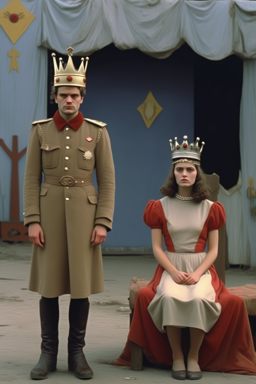 <lora:Director Emir Kusturica style:1>Director Emir Kusturica style - film still, full-body shot, in the style social realism films from 1990s. The theater stage decorated with a historicist set. A thirty-five year old man wearing a simple historicist costume and crown on his head looks at a twenty-five-year-old woman in a similarly historicizing costume. film grain, blue color scheme