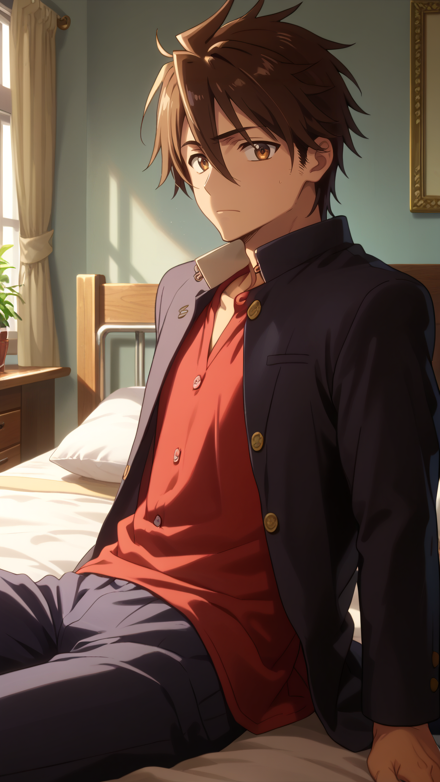 score_9, score_8_up, score_7_up, mature male, looking at viewer, cowboy shot, from side,
<lora:Takashi_Komuro_Dwnsty:1>, takashi_komuro, brown hair, brown eyes, hair between eyes, short hair, school uniform, black jacket, buttons, red shirt, 
exhausted, relief, 
indoors, bedroom, on bed, sitting, relaxing, reclined,