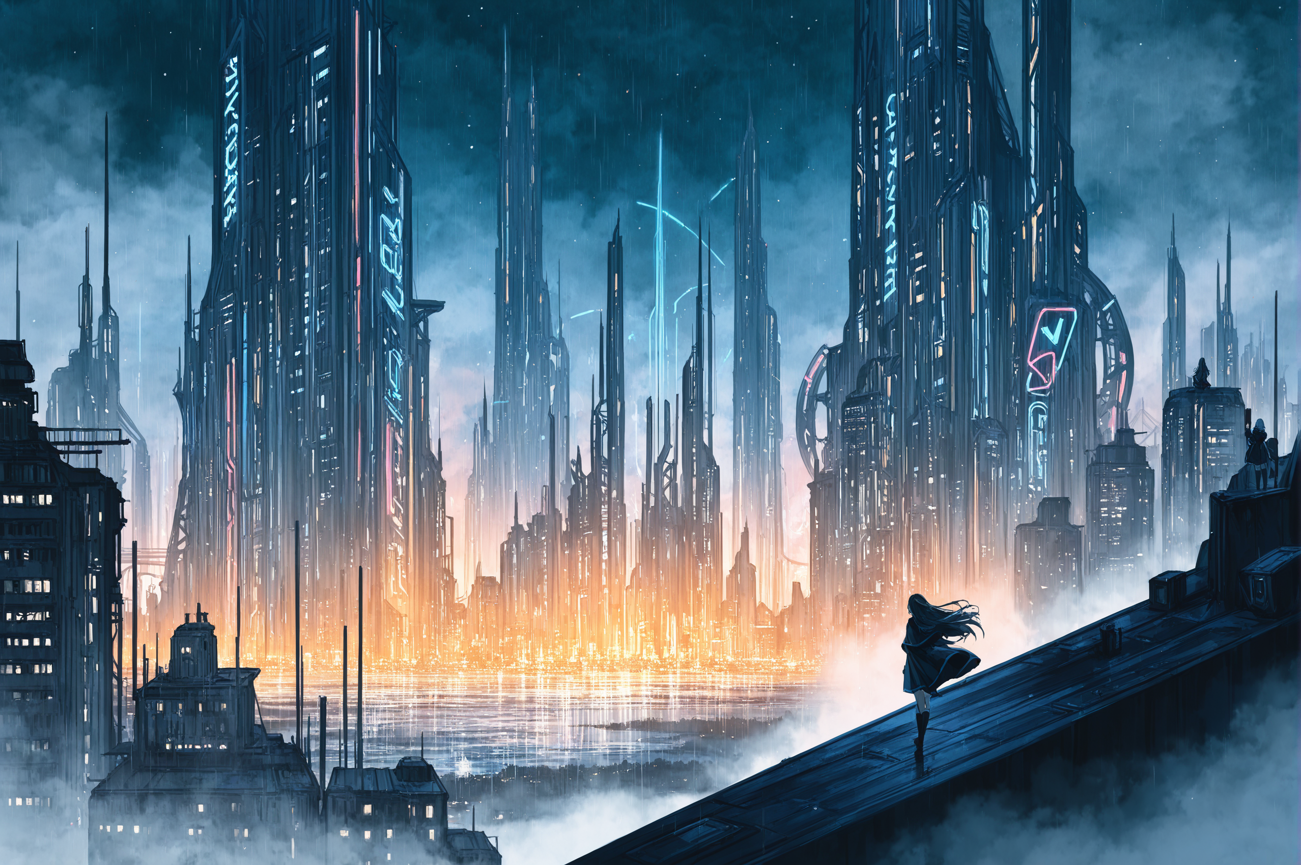 masterpiece, best quality, amazing quality, very aesthetic, high resolution, ultra-detailed, absurdres, newest, rim light, (watercolor_\(artwork\):1),<lora:WCXLN2dot0:0.5>, city in distance, science fiction, landscape, smog, fog, neon signs, neon lights, midnight,