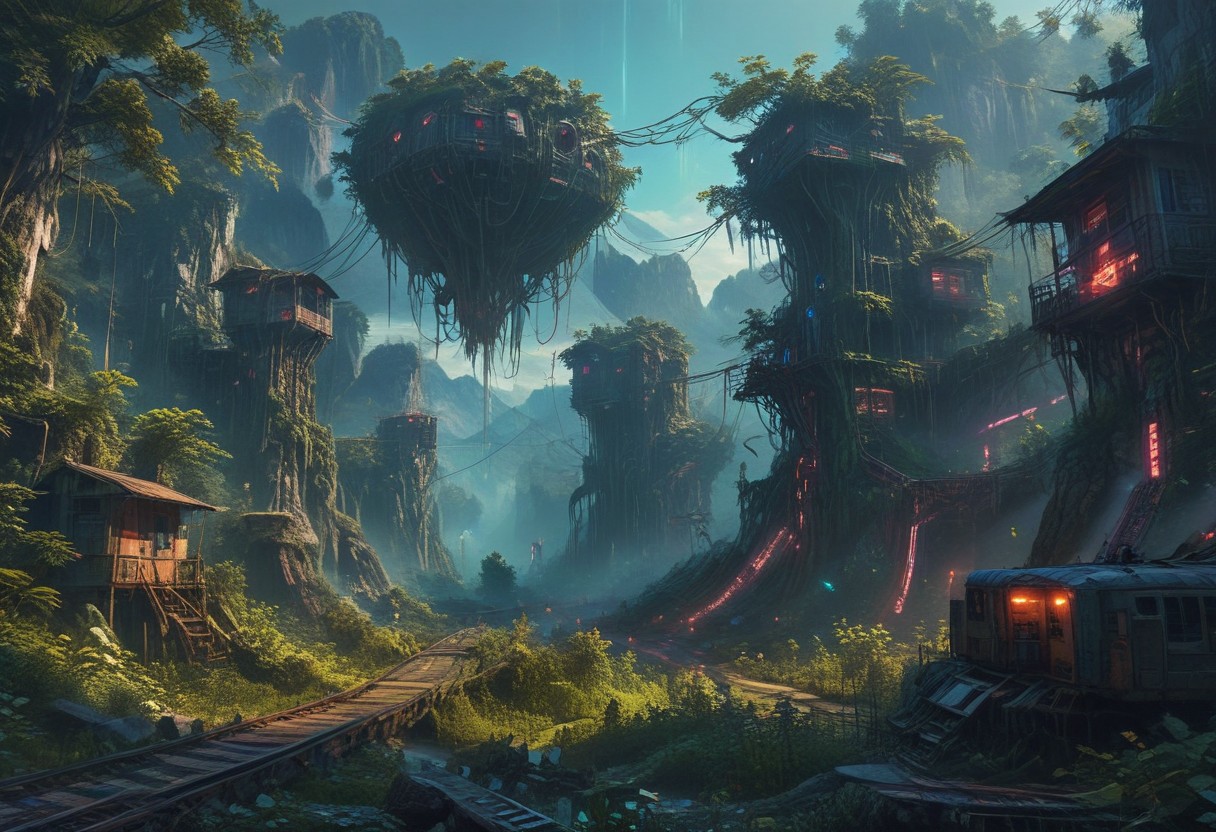 "You're a passenger travelling first class on a train without a roof. This current portion of the journey, the , gaining altitude to eventually arrive at the mountain pass off in the distance. Looking straight ahead, you see that the tracks are flanked on either side by towering forest. The canopy of the forest is remarkably adorned with (a network of tree-houses of neo-brutalist curved design." ((cinematic concept-art illustration, low angle, rectilinear composition)),(neon nightmare fantasy fever dream),