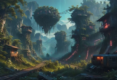 "You're a passenger travelling first class on a train without a roof. This current portion of the journey, the , gaining altitude to eventually arrive at the mountain pass off in the distance. Looking straight ahead, you see that the tracks are flanked on either side by towering forest. The canopy of the forest is remarkably adorned with (a network of tree-houses of neo-brutalist curved design." ((cinematic concept-art illustration, low angle, rectilinear composition)),(neon nightmare fantasy fever dream),