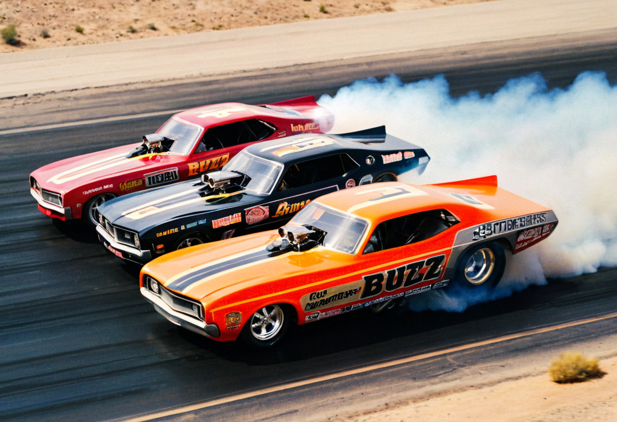 ClassicMuscleCar, ((multiple dragsters racing)), front side view, sunny, desert, smoke trail, aerial view, motion blur, 4K, highly detailed, (stylish grainy analog 35mm film photo, "BUZZ")