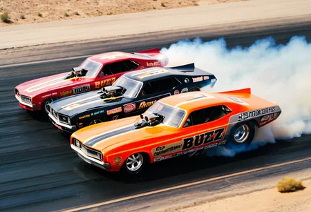 ClassicMuscleCar, ((multiple dragsters racing)), front side view, sunny, desert, smoke trail, aerial view, motion blur, 4K, highly detailed, (stylish grainy analog 35mm film photo, "BUZZ")