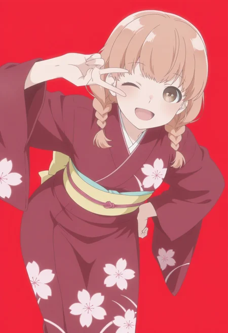 anime screencap, anime coloring, <lora:DX888Momoko:1>  sudou momoko, brown eyes, medium hair, twin braids, BREAK simple background, red background,  BREAK  back bow, red kimono, snowplake print kimono, japanese clothes, kanzashi, long sleeves,  obi, obiage, obijime, wide sleeves, BREAK     1girl, ;d, hand on own hip,  leaning forward, looking at viewer, one eye closed, open mouth, smile, solo, standing, v, v over eye,