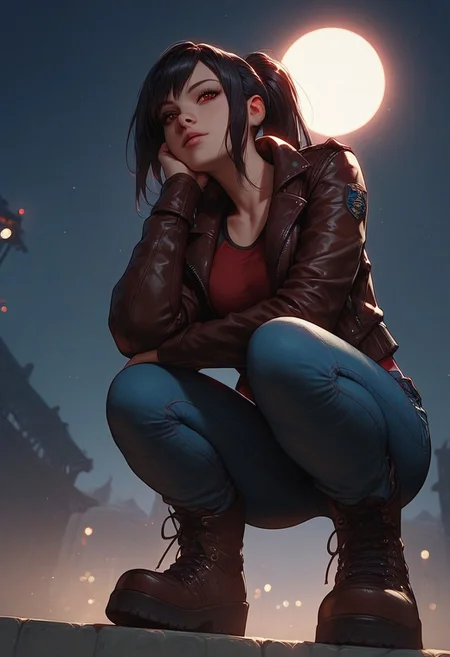 score_8_up, score_7_up , score_9, black hair, long hair, ponytail, solo, red eyes, dynamic lighting, (face close-up:1.2), medium breasts, leather jacket, red tanktop, jeans, standing, dynamic angle, night, combat boots, crouching, looking at viewer, (low angle view:1.4), leaning forward,
