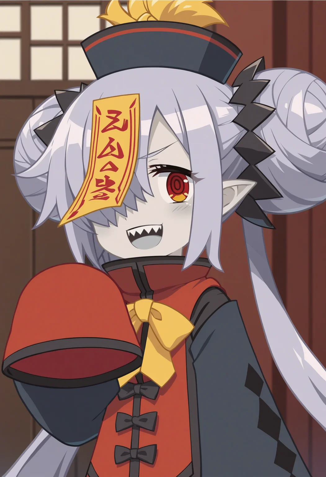 score_9, score_8_up, score_7_up, score_6_up, score_5_up, score_4_up , anime coloring ,BREAK source_anime, anime,screencap,
1girl, solo, zmaiden, black headwear, long sleeves, hair ornament, chinese clothes, sleeves past fingers, ofuda, jiangshi, <lora:PonyXL Disgaea ZMaiden V1:0.8>
indoors,upper body, 
smile, open mouth, sharp teeth, looking at viewer,