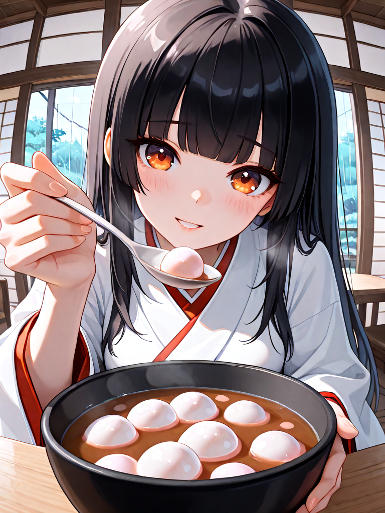 absurdres, explicit, tangyuan feeding, incoming food, blurry foreground, fisheye, pov, 1girl, shy, smile, holding spoon, hand up, sitting, soup, table, steam, steaming food, close-up, foreshortening, reaching towards viewer, miko, hime cut, copper hair, parted lips, milf, head tilt, rain, water drop, overhead view, aerial view, <lora:girlliketangyuanfeeding_ilxl:0.8>