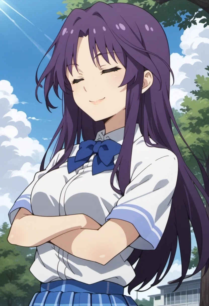 score_9, score_8_up, score_7_up, source_anime, goshoin kyo, purple hair, long hair, 1girl, closed eyes, school uniform, solo, smile, crossed arms, bow, sky, cloud, day, tree