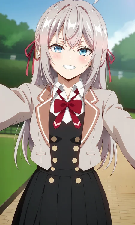 score_9, score_8_up, score_7_up, source_anime, zPDXL2, 1girl, hara \(harayutaka\) BREAK
<lora:alisa_mikhailovna:1> , alisa_wz, grey hair, ahoge, long hair, sidelocks,  blue eyes, hair ribbon, school uniform, collared shirt, white shirt, red bowtie, grey blazer, long sleeves, black skirt, miniskirt, pleated skirt, crossed bangs, open jacket, white thighhighs, zettai ryouiki, buttons, double-breasted, black pinafore dress, black dress
BREAK
outdoors, school yard, nature, pov, selfie, smile, dynamic angle