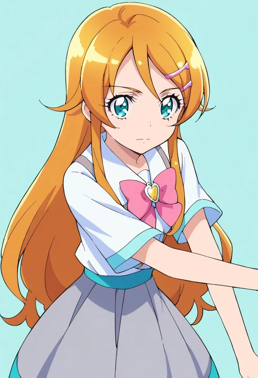 score_9, score_8, score_7, source_anime, pretty cure, 1girl, solo, kirino kousaka, long hair, blue eyes, hair ornament, hairclip, orange hair, aqua eyes, white shirt, grey skirt, pink bow,