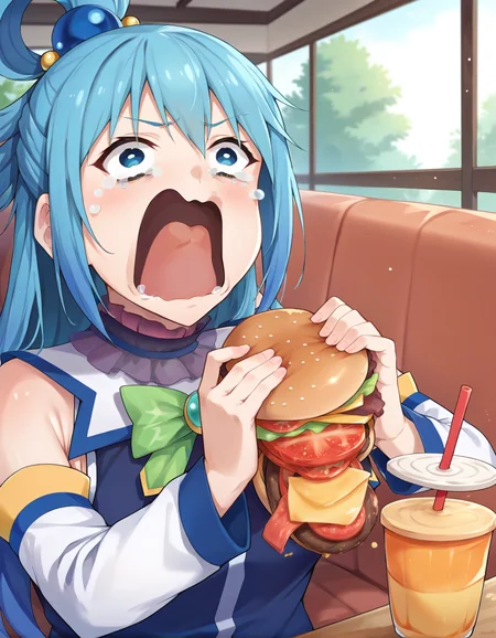 score_9, score_8_up, score_7_up, score_6_up,solo, 1girl, aqua \(konosuba\), kono subarashii sekai ni shukufuku wo!, aquascreaming, screaming, open mouth, crying with eyes open, blue hair, hair rings, blue eyes <lora:concept_aquascreaming_ponyXL:0.8>, mcdonald's restaurant background,  <lora:Burger_Malfunction-PonyXL-1024px.safetensors:0.9> burger malfunction, lettuce, tomato, cheese, ketchup, soda, fast food