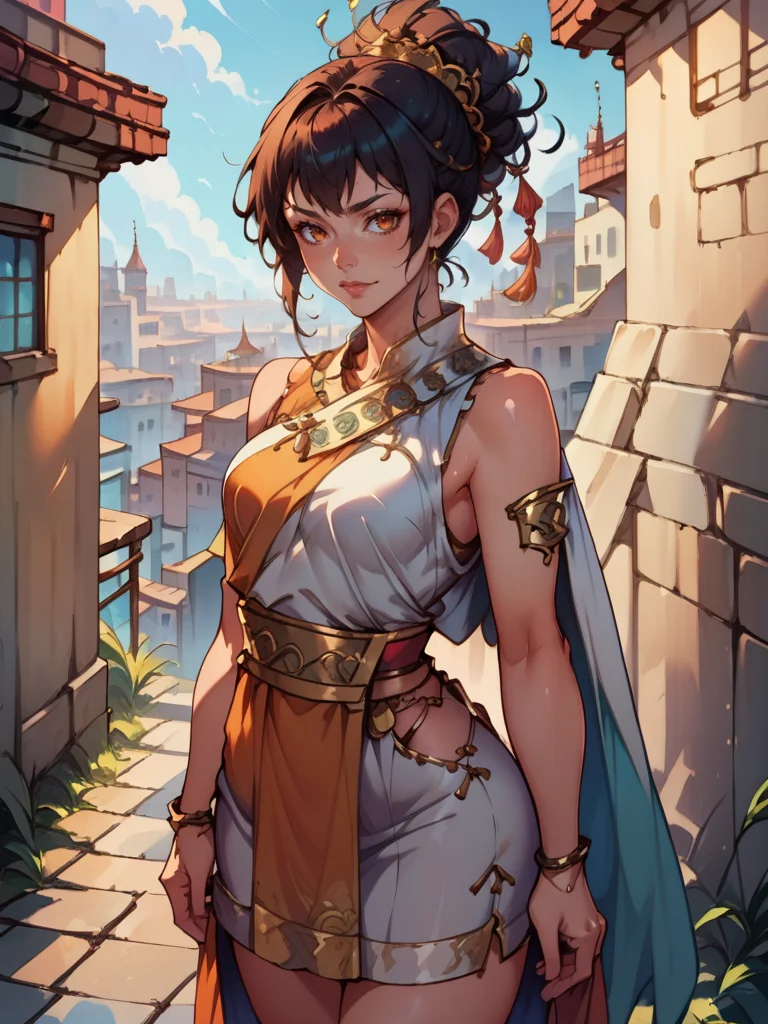 source_anime ,score_9, score_8_up, score_7_up, score_6_up, rating_safe, source_anime, BREAK 1woman, wearing a short fantasy_toga, sleeveless,on a crowded ancient fantasy city, <lora:Fantasy_toga_PonyXL:1>
