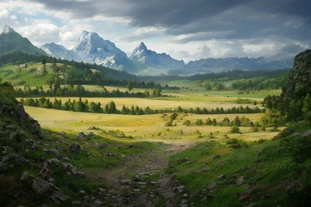 a photorealistic landscape with very close high mountains across the horizon, with lots of fields, woods and meadows stretching out before them and with a fortified town inside of them, ultra realistic, highly detailed, RAW photo, (masterpiece:1.3), subsurface scattering, heavy shadow, professional photography