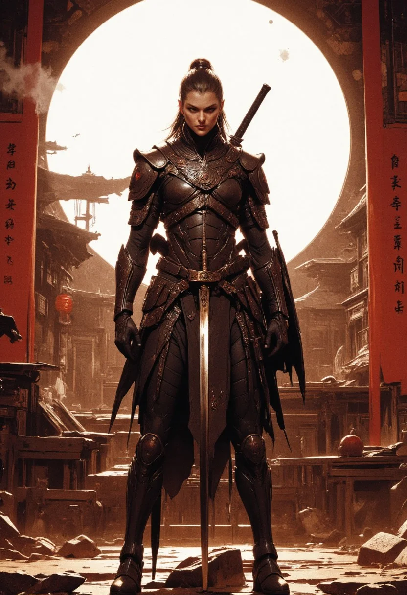 Japanese Culture Style, Neo Photorealistic Art, Emotional Photos, 35mm film, Young Japanese Woman in skintight black ninja bodysuit, A Japanese sword is stuck into the ground, smoking, Japanese shrine background with a centered white circle, white sphere on the background