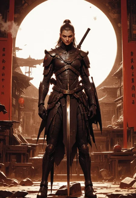 Japanese Culture Style, Neo Photorealistic Art, Emotional Photos, 35mm film, Young Japanese Woman in skintight black ninja bodysuit, A Japanese sword is stuck into the ground, smoking, Japanese shrine background with a centered white circle, white sphere on the background