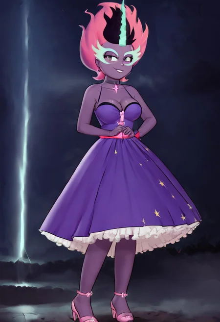 (Masterpiece, best quality:1.2), score_9, score_8_up, flat color, flat shading, soft shading, lighting, Midnight Sparkle in a 1950's purple dress, a fluffy frilly ruffled full black colored petticoat, and high heels, dress, layered petticoat, frilly petticoat, fluffy petticoat, full petticoat, wide dress, flowing dress, purple dress, solid colored skirt, sleeveless, large breasts, huge breasts, long hair, evil smirk, cute, taunting you, full body, nail polish, Alicorn, purple body, horn, hair. evil, ((Midnight Sparkle)), Equestria Girls, series accurate, cute, best high quality, high res, whole body shot, 1girl, solo, outside, in a forest, on a foggy ominous night, night time, fog, ominous, surrounded by fog, obscured by fog, cute, sexy, busty, cleavage, large breasts, breast cleavage, big breasts, adorable, smile, (skirt pull), cartoon, cartoon style, vector, solo, circle dress, 1950s