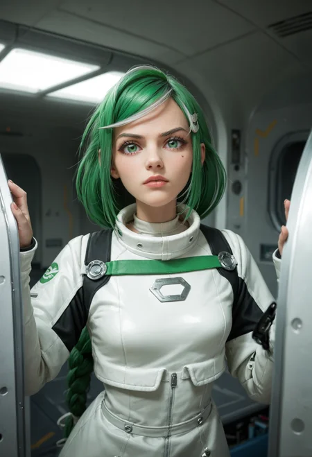 zPDXL2, (three quarter view:0.8), (pectoral focus:0.8), depth of field, highly detailed,
medium shot, solo, sber-chan, green hair, streaked hair, green eyes, single braid, white bow, long hair, mole under eye,
looking at viewer, serious,
hairclip, tight spacesuit, heavy boots,
Nostromo-style spaceship interior with dim lighting, industrial metal walls, control panels, narrow corridors, exposed pipes, flickering screens,
<lora:add-detail-xl:1.5> <lora:Sber-chan:0.9>