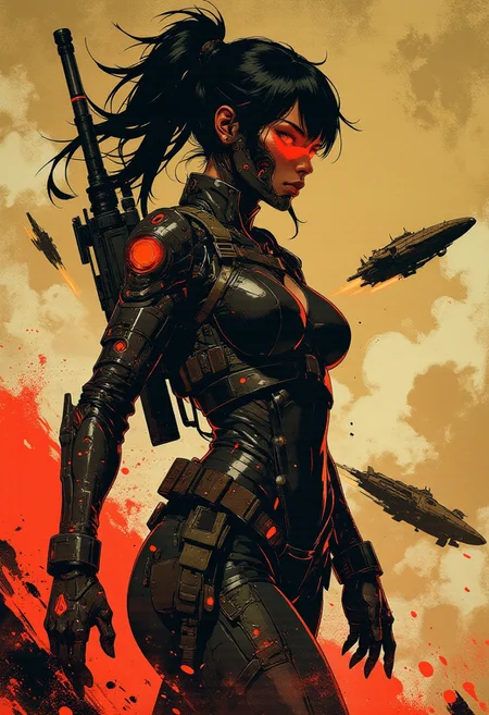 in the style of ck-mgs, nistyle, Inkplash art on rice paper, sepia, henna, Silhouette Art, magnificent, inksplash, closeup portrait, female bounty hunter, flowing black hair, reflective black and neon red armor, futuristic armor, sexy, curvy, large breasts, large ass, a rifle strapped to her back, holstered pistol, holding hand up, abstract background suggesting a harsh desert world, Spaceships flying overhead, dust storm, windy, 
Cowboy Shot, close up,