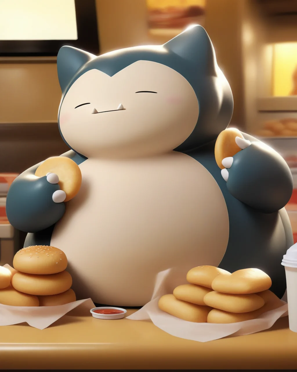 Snorlax eating chicken nuggets at McDonald.
<lora:snorlax_v0_2:0.8>
