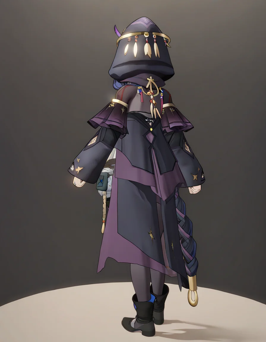 <lora:xingyi_noob:0.9>,xingyi,3dxingyi,1girl,solo,from behind,white background,simple background,long sleeves,hood,standing,full body,black footwear,dress,hood up,
masterpiece,best quality,very aesthetic,absurdres,