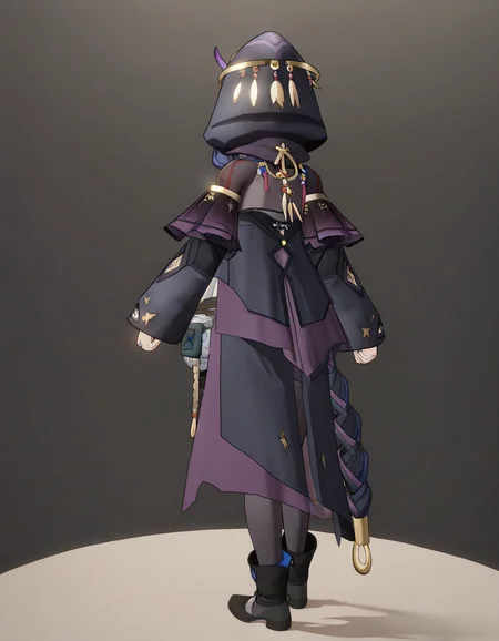 <lora:xingyi_noob:0.9>,xingyi,3dxingyi,1girl,solo,from behind,white background,simple background,long sleeves,hood,standing,full body,black footwear,dress,hood up,
masterpiece,best quality,very aesthetic,absurdres,