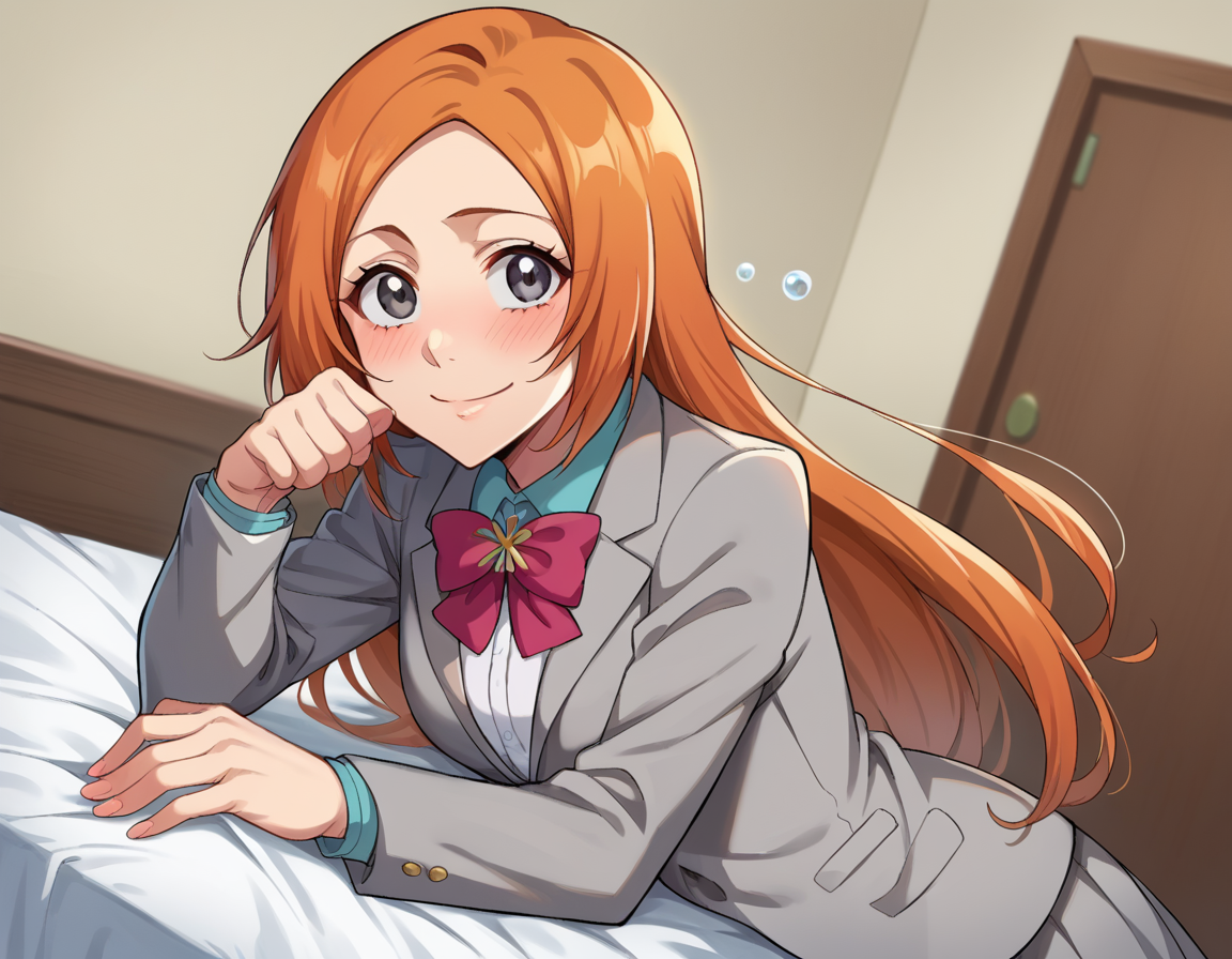score_9, score_8_up, score_7_up, source_anime, 
inoueorihime, <lora:inoue-orihime-ponyxl-lora-nochekaiser:1>, 
inoue orihime, long hair, orange hair, grey eyes, smile, 
skirt, bow, school uniform, jacket, blazer, grey jacket, 
indoors, bed, bed room, on side, blush, drunk,
looking at viewer, cowboy shot, dutch angle, dynamic pose,